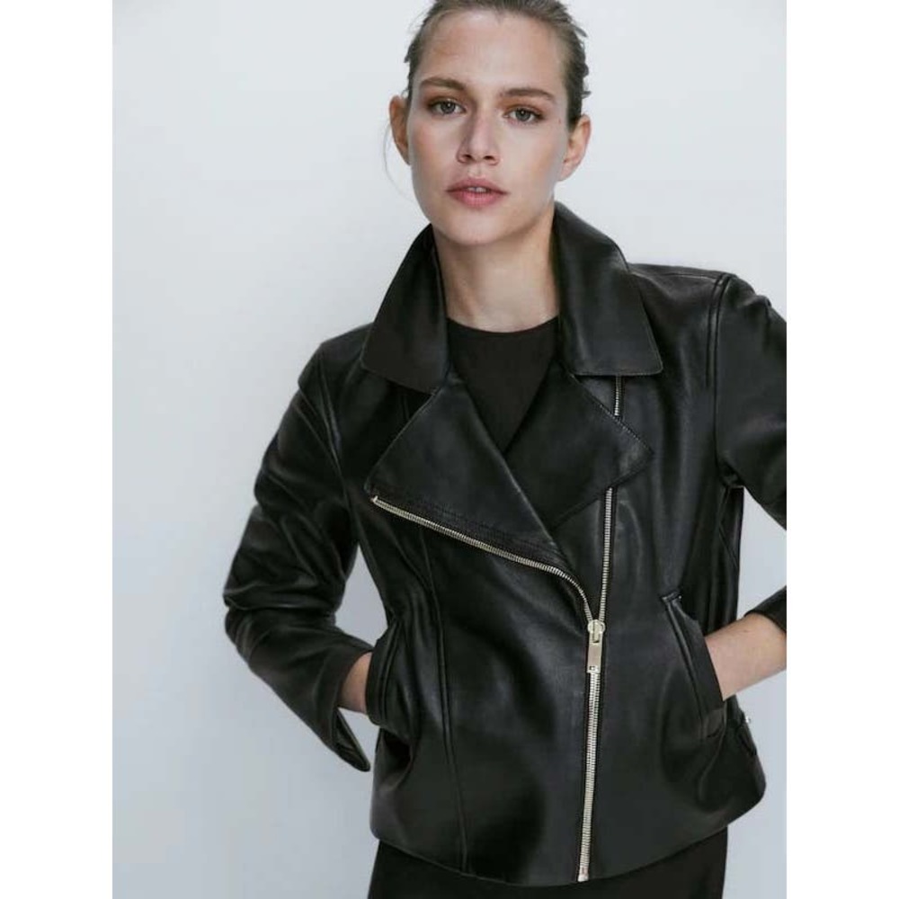 Massimo Dutti Black Leather Jacket Cropped Biker Jacket Size  S
New without tags